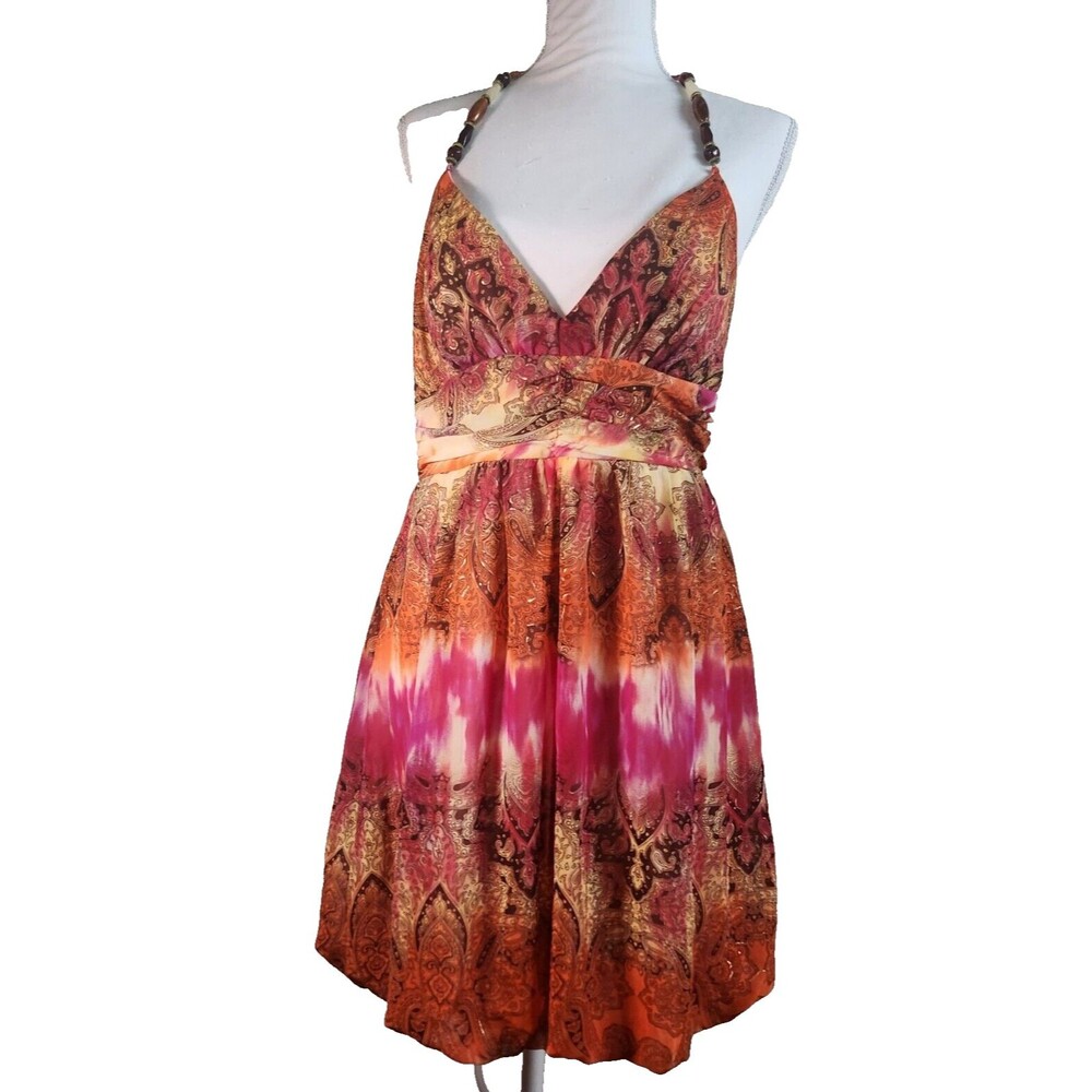 Love Tease Multi Color Print Dress Size9 Y2K Babydoll Bubble Dress Beaded Halter